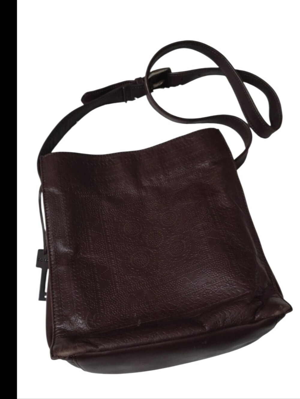 Fossil Vintage Dark Brown Tooled Leather Crossbody Bag